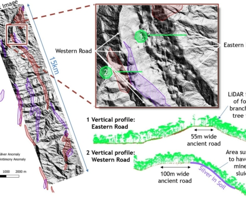 LiDAR image showing the features that are interpreted to be the ancient eastern and western roads relative to the location of the Tiria-Shimpia target as defined by metal enrichment in soil.
