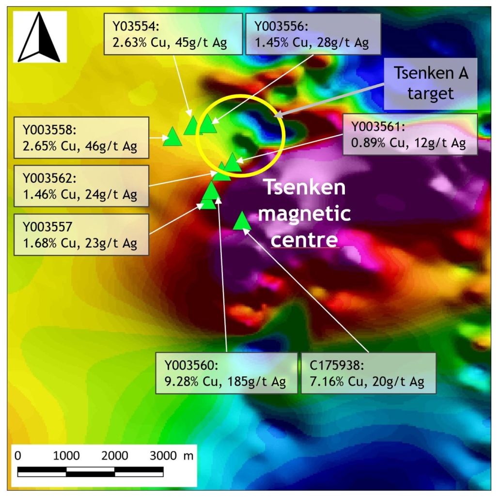 Map of magnetic data from the Tsenken target showing the location of the high-grade rock samples.