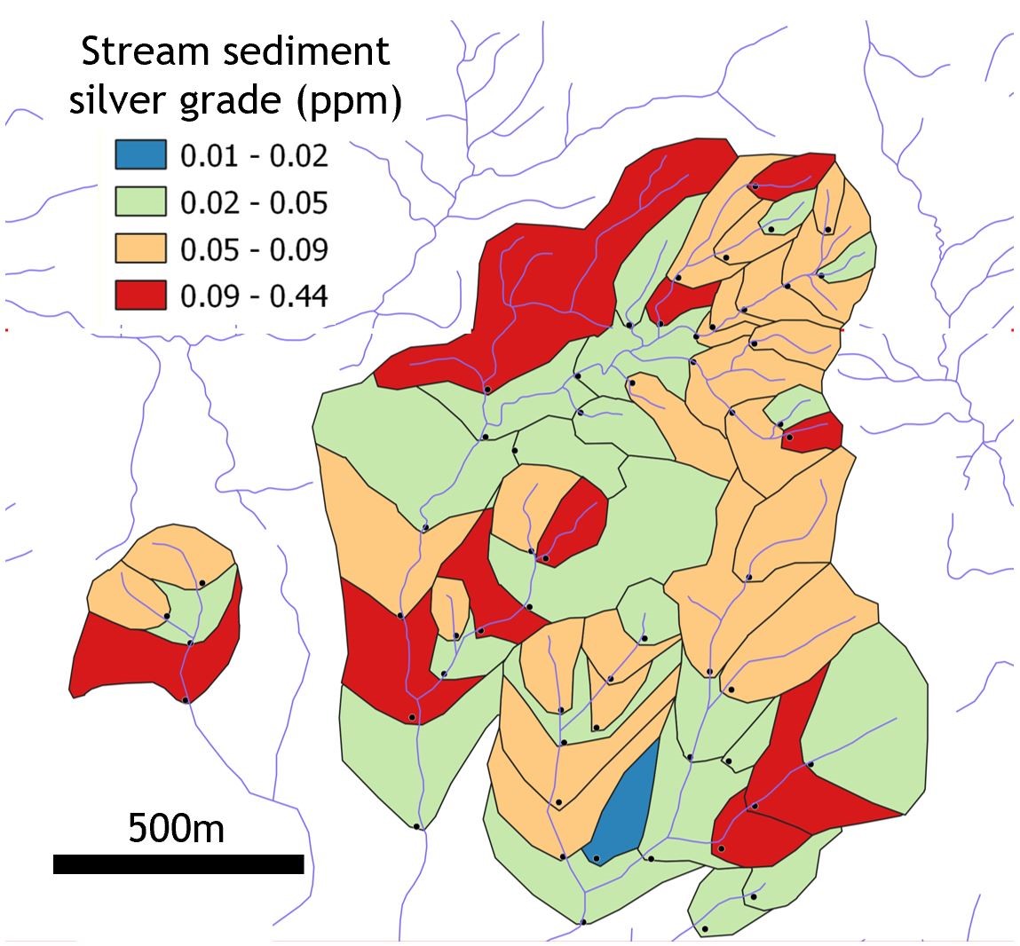 Map showing silver grade of drainage basins