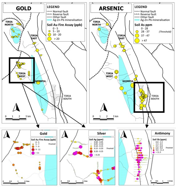 Map of gold and arsenic distribution in soil in the Tiria targets