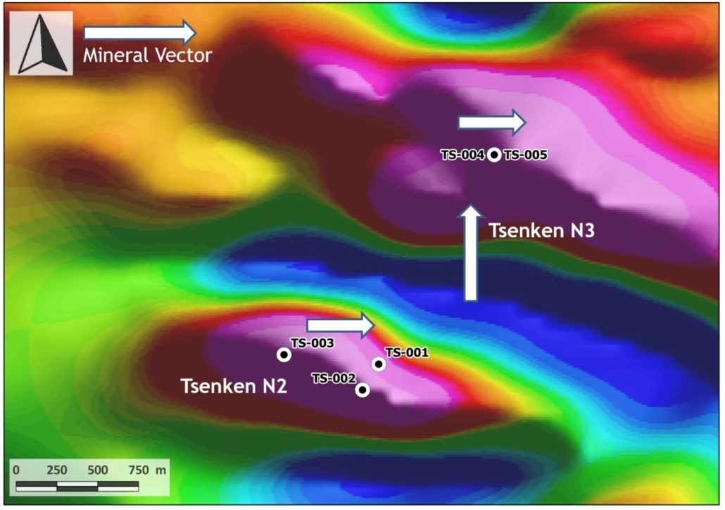 Plan view of the magnetic features that constituted the primary targets in the Tsenken N2 and N3 area, showing the collar positions of drill holes TS-001 to TS-005.